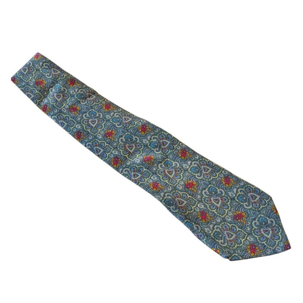 BRUNO FERRARI Neck Tie Mens Silk Teal Green Floral Designer Preppy Made In Italy